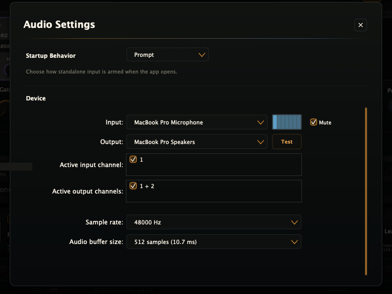 Standalone Audio Settings panel