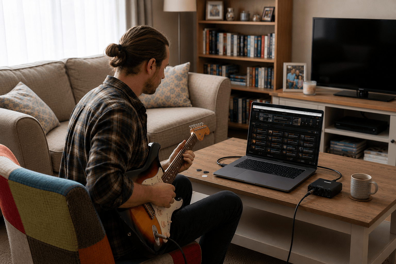 Guitar player using NAM Rig on a laptop